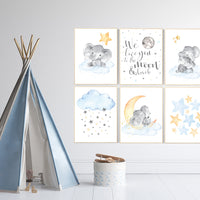 Nursery wall art elephant, nursery decor moon and stars, cloud nursery decor, gender neutral nursery print set, blue yellow, moon and back