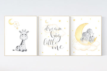 Nursery wall art neutral, nursery wall art elephant giraffe, moon and stars, gender neutral, baby room decor, baby room wall art, yellow