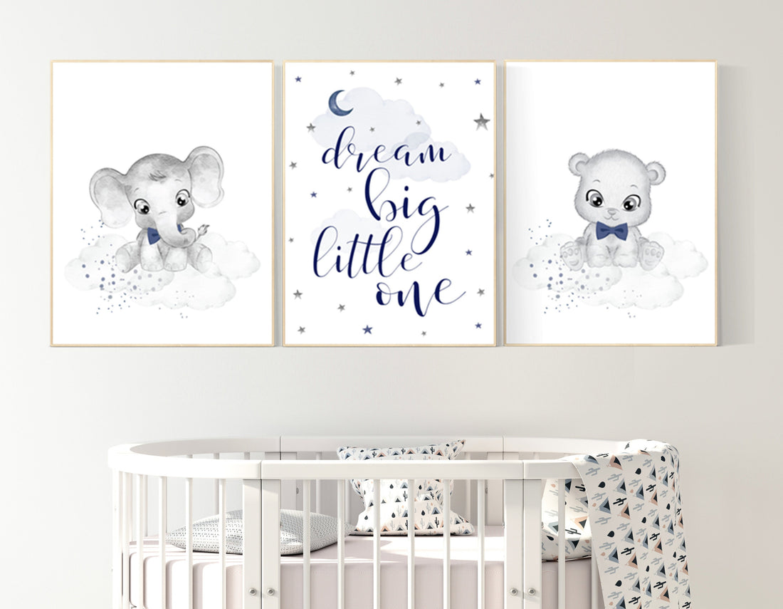 Nursery decor elephant, navy nursery decor, dream big little one, moon and stars, navy blue nursery art, baby bear nursery, elephant nursery