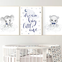 Nursery decor elephant, navy nursery decor, dream big little one, moon and stars, navy blue nursery art, baby bear nursery, elephant nursery