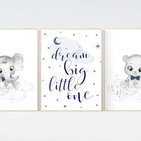Nursery decor elephant, navy nursery decor, dream big little one, moon and stars, navy blue nursery art, baby bear nursery, elephant nursery