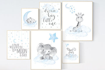 Nursery decor boy elephant, giraffe, boy nursery decor, moon and stars, blue nursery, boy nursery wall art, we love you to the moon and back