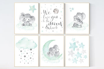 Nursery decor mint and grey, nursery wall art neutral, moon and stars, mint green, nursery elephant prints, nursery decor neutral, animals