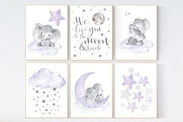 Nursery decor girl lavender, purple nursery wall art, elephant nursery decor, nursery prints animals, nursery prints set, moon and stars