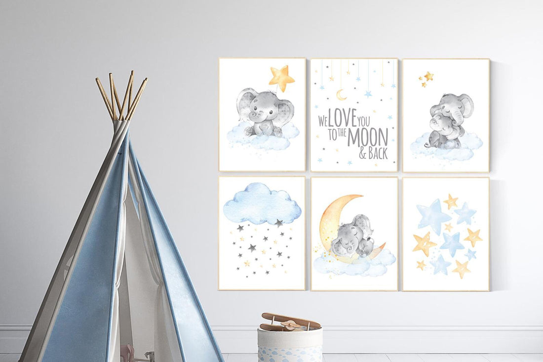 Nursery wall art elephant, nursery decor moon and stars, cloud nursery decor, gender neutral nursery print set, blue yellow, moon and back