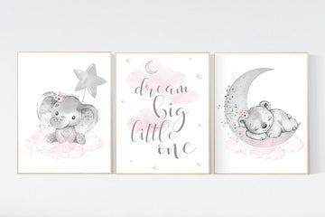 Animal nursery, nursery decor girl pink grey, nursery decor girl woodland animals, teddy bear, elephant, baby girl nursery prints, gray pink