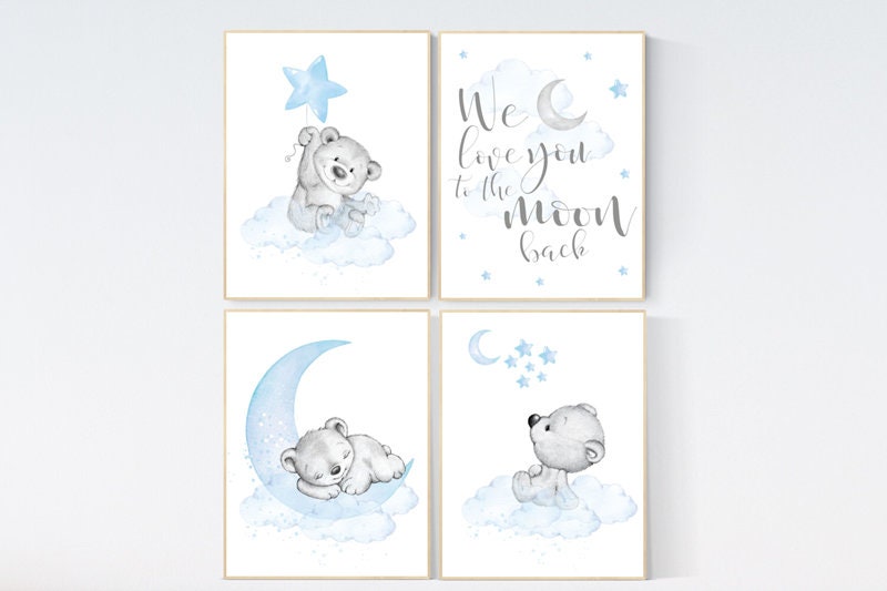 Nursery decor boy baby bear, nursery decor boy elegant, nursery wall art animals, bear nursery decor, boy nursery prints, baby blue nursery