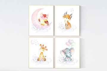 Nursery wall art girl elephant, giraffe, bear, pink, owl, purple, and gold nursery, cloud and stars, baby room decor, baby girl, owl nursery