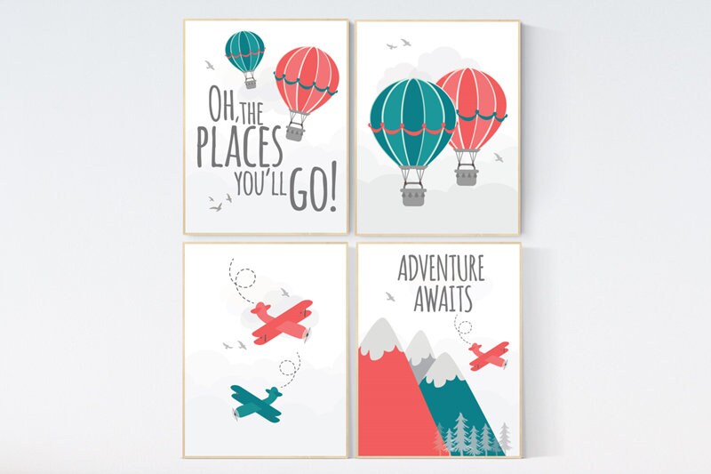 Coral teal nursery, gender neutral, Oh the places you&