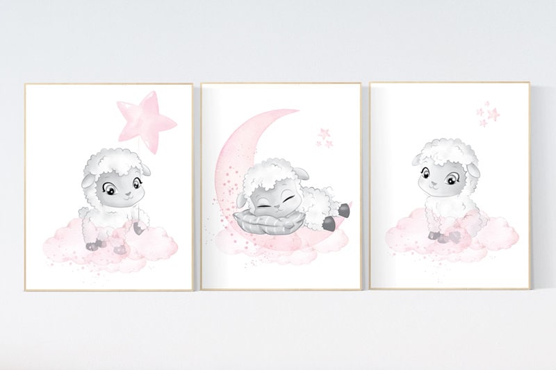 Nursery decor lamb, Sheep nursery decor, Nursery decor girl, nursery wall art sheep, moon and cloud wall art nursery, girl nursery decor