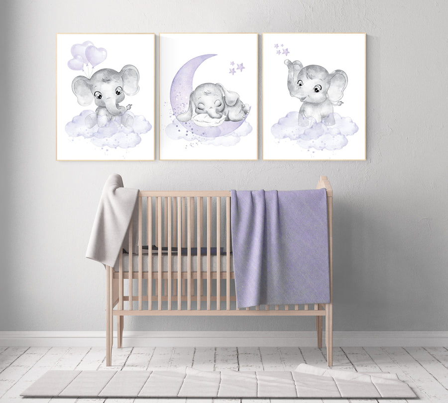 Girls room decor purple, Nursery decor girl purple, nursery decor elephant girl, moon and stars, nursery decor girl lavender, lilac nursery