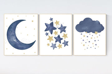 Navy nursery decor, cloud and stars, moon and stars, navy gold nursery art. baby room wall art, boy nursery decor, set of 3, nursery art