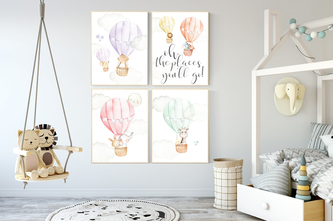 Nursery decor animals, hot air balloon, baby wall art, giraffe, bear, bunny, lion, gender neutral, twin nursery, woodland nursery, elegant