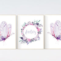 Purple pink nursery, nursery decor girl name, butterfly nursery wall art, Nursery decor girl purple and pink, lavender, lilac, girl nursery