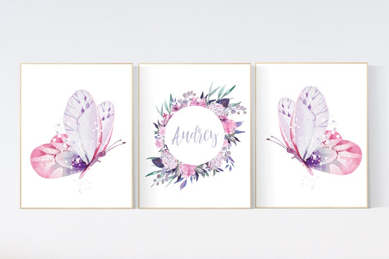 Purple pink nursery, nursery decor girl name, butterfly nursery wall art, Nursery decor girl purple and pink, lavender, lilac, girl nursery