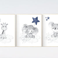 Nursery decor elephant and giraffe, animal nursery prints, koala nursery, navy nursery, navy blue nursery, baby room wall art, woodland