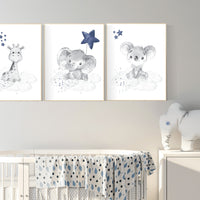 Nursery decor elephant and giraffe, animal nursery prints, koala nursery, navy nursery, navy blue nursery, baby room wall art, woodland