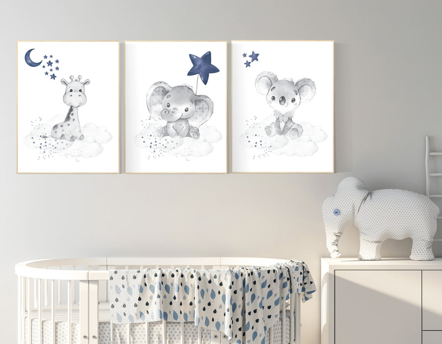Nursery decor elephant and giraffe, animal nursery prints, koala nursery, navy nursery, navy blue nursery, baby room wall art, woodland