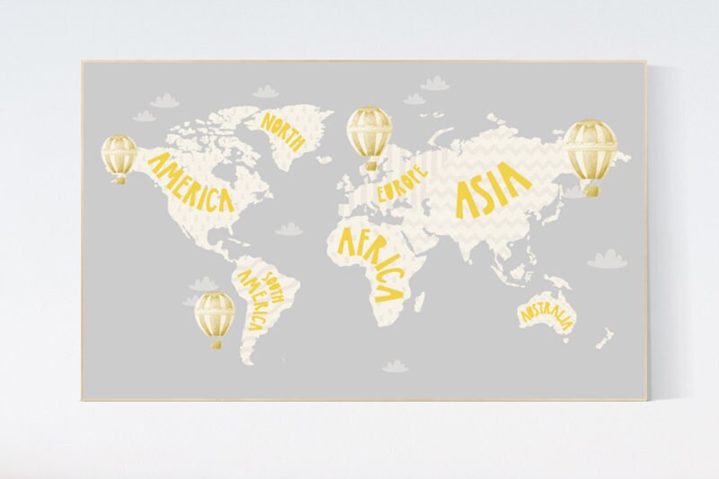 World map nursery, World map wall art, gender neutral nursery, yellow grey, yellow and grey, nursery wall art map, map print world, travel