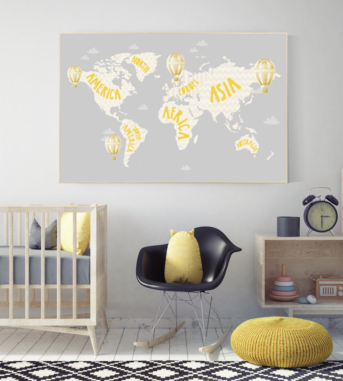 World map nursery, World map wall art, gender neutral nursery, yellow grey, yellow and grey, nursery wall art map, map print world, travel