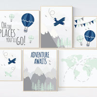 Adventure nursery decor, Nursery decor boy mountains adventure, nursery decor boy airplane, world map, adventure awaits, mountain, navy mint