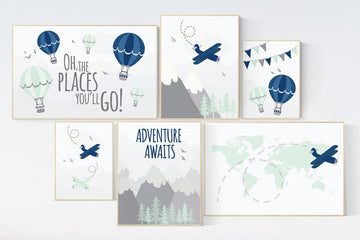 Adventure nursery decor, Nursery decor boy mountains adventure, nursery decor boy airplane, world map, adventure awaits, mountain, navy mint