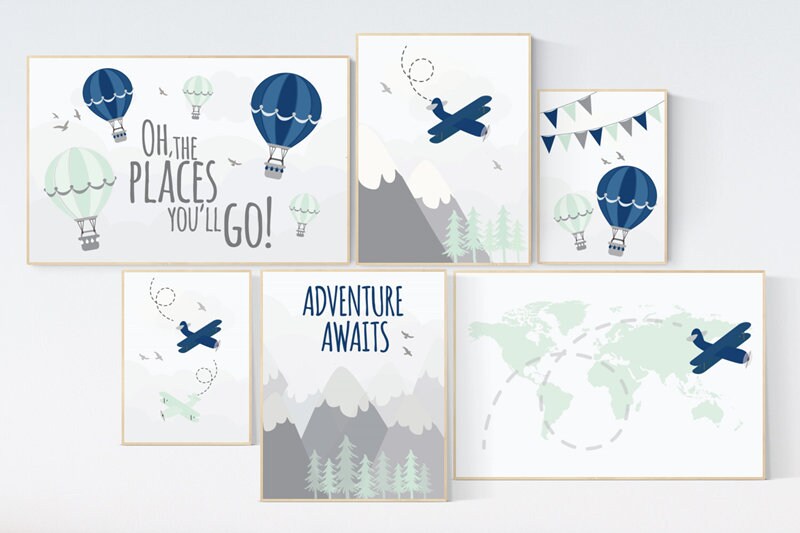 Adventure nursery decor, Nursery decor boy mountains adventure, nursery decor boy airplane, world map, adventure awaits, mountain, navy mint