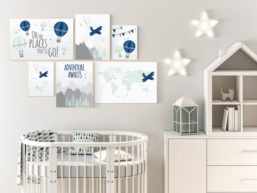 Adventure nursery decor, Nursery decor boy mountains adventure, nursery decor boy airplane, world map, adventure awaits, mountain, navy mint