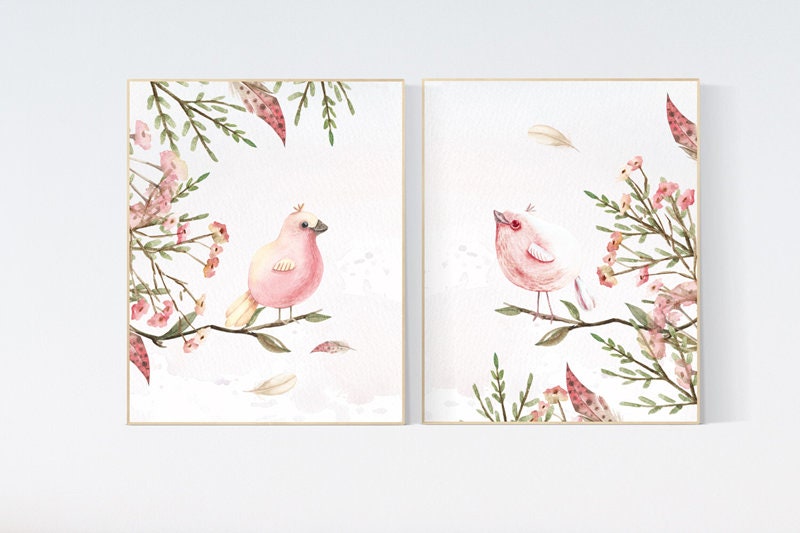 Nursery decor girl floral, Nursery wall art birds, nursery decor girl flower, baby bird nursery, spring theme baby shower, bird nursery art