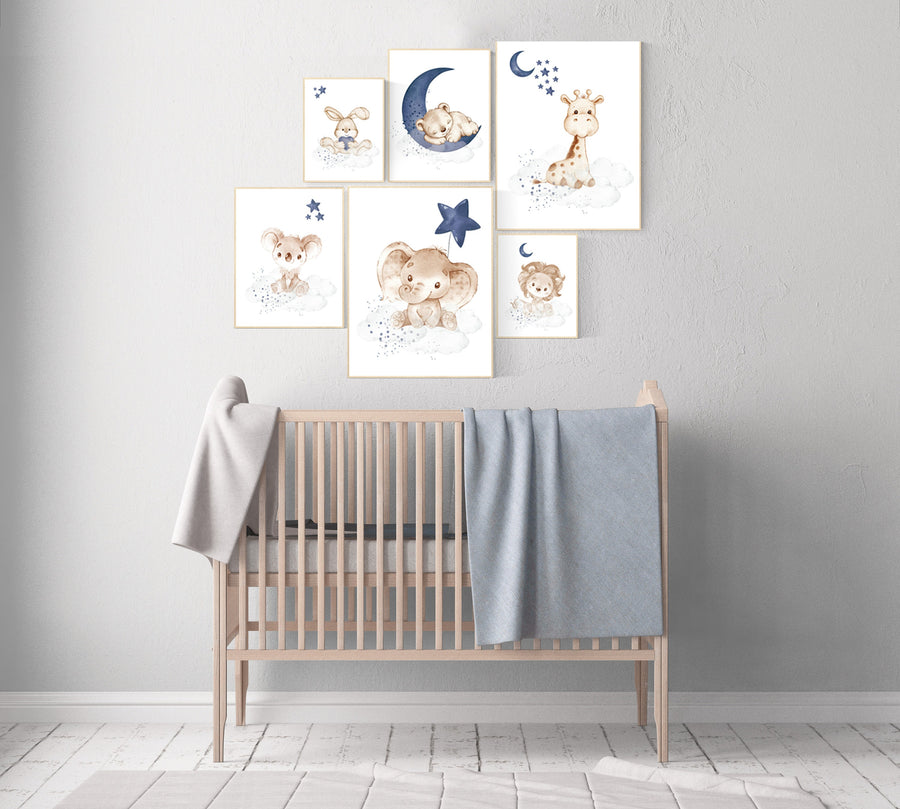 Nursery decor boy animals, moon and stars, navy blue, animal prints for nursery, navy blue nursery, elephant, bear, koala, lion, giraffe