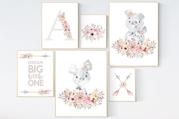Nursery decor girl boho, piglet nursery wall art, nursery decor girl floral, nursery decor girl pig, floral nursery, boho nursery