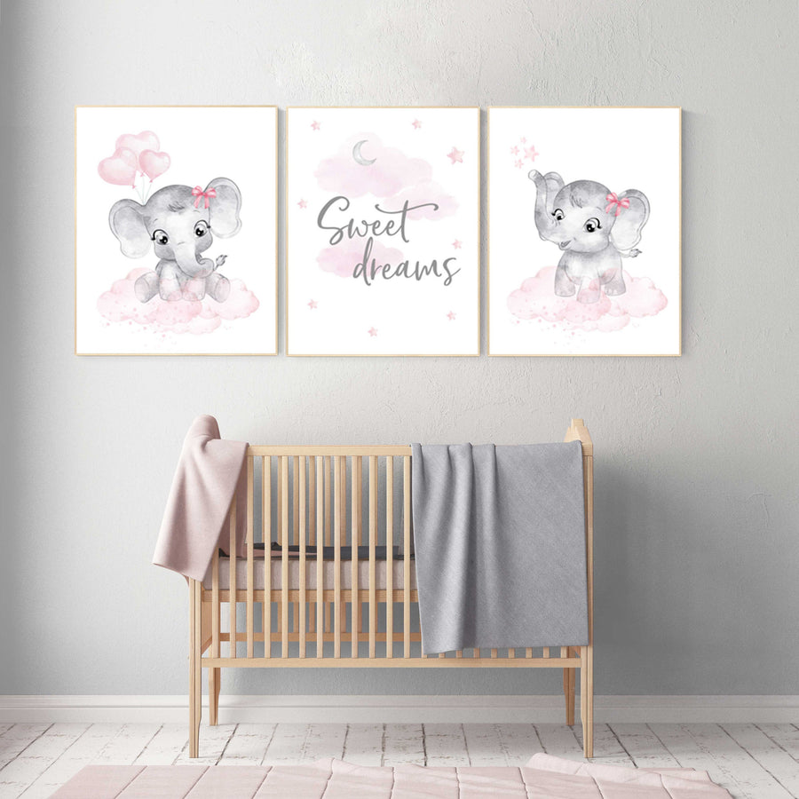 Nursery decor elephant girl, nursery wall art elephant, pink gray, nursery prints elephants, pink grey, elephant nursery wall art, set of 3