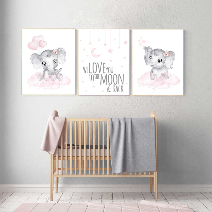 Elephant nursery, nursery wall art elephant, nursery decor girl, we love you to the moon and back, baby room, girl nursery decor, elephants