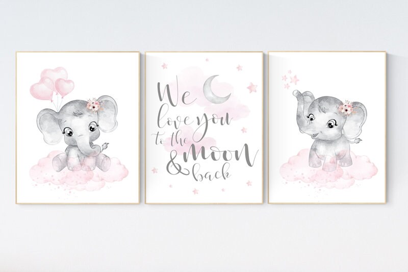 Nursery wall art girl elephant, pink and gray nursery, we love you to the moon and back, pink nursery art, moon and stars, baby room decor