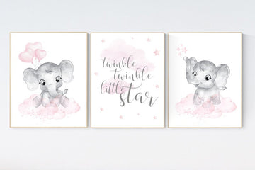 nursery decor elephant girl, baby room decor girl, nursery wall art elephant, pink gray elephant nursery, nursery prints elephants, set of 3