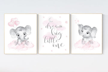 nursery decor elephant girl, baby room decor girl, nursery wall art elephant, pink gray, nursery prints elephants, dream big little one
