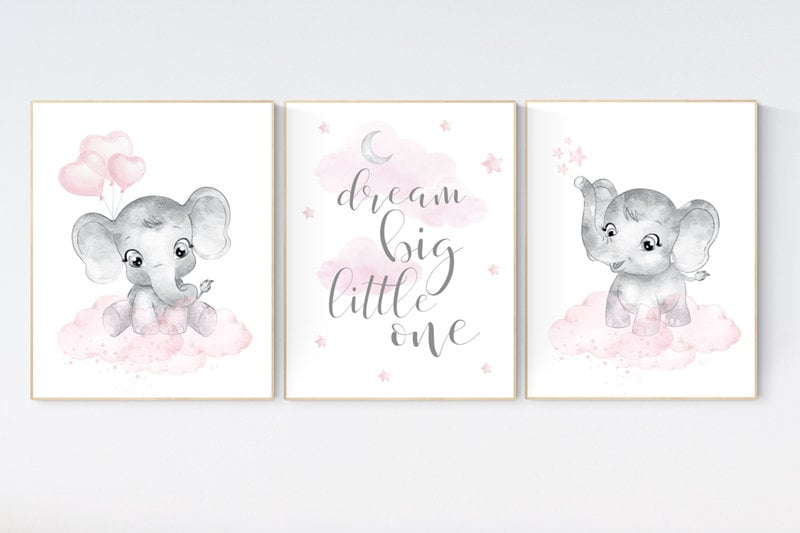 nursery decor elephant girl, baby room decor girl, nursery wall art elephant, pink gray, nursery prints elephants, dream big little one