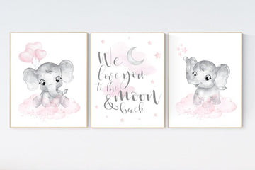 Nursery wall art girl elephant, pink and gray nursery, we love you to the moon and back, pink nursery art, moon and stars, baby room decor