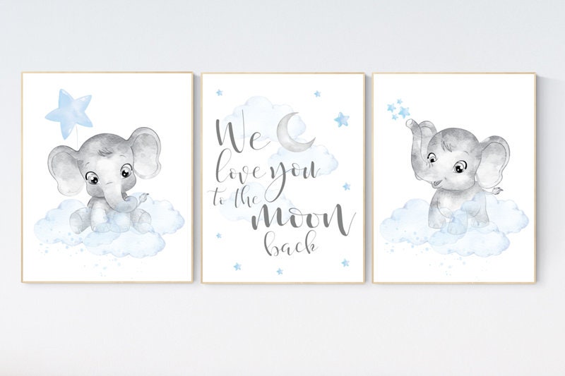Nursery decor boy elephant, nursery wall art elephant, we love you to the moon and back, Elephant Nursery, boy nursery art, moon and stars