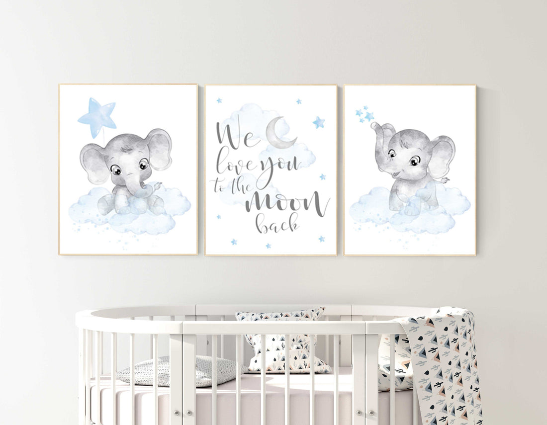 Nursery decor boy elephant, nursery wall art elephant, we love you to the moon and back, Elephant Nursery, boy nursery art, moon and stars
