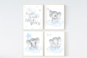 Elephant nursery, Nursery decor boy, nursery art, twinkle twinkle little star, blue nursery decor, blue grey, animal prints, elephants