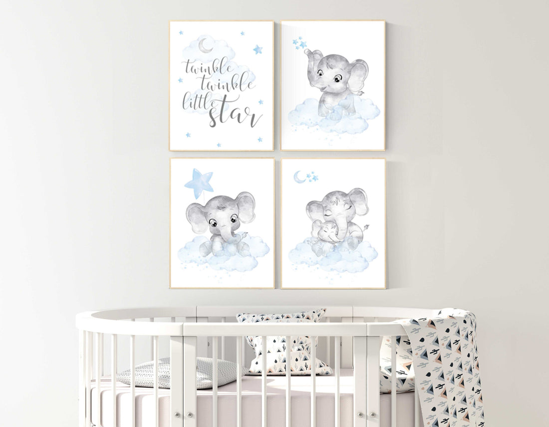 Elephant nursery, Nursery decor boy, nursery art, twinkle twinkle little star, blue nursery decor, blue grey, animal prints, elephants