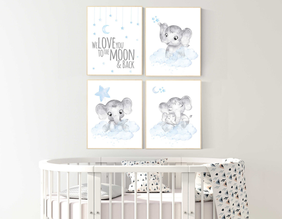 Nursery decor boy, nursery decor elephant, nursery wall art, nursery art, blue nursery decor, moon and stars, elephant nursery prints