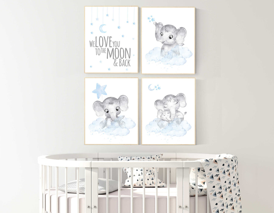 Nursery decor boy, nursery decor elephant, nursery wall art, nursery art, blue nursery decor, moon and stars, elephant nursery prints