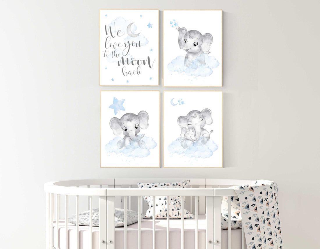 Nursery decor boy, nursery decor elephant, nursery wall art, nursery art, blue nursery decor, moon and stars, elephant nursery prints