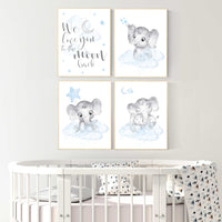 Nursery decor boy, nursery decor elephant, nursery wall art, nursery art, blue nursery decor, moon and stars, elephant nursery prints