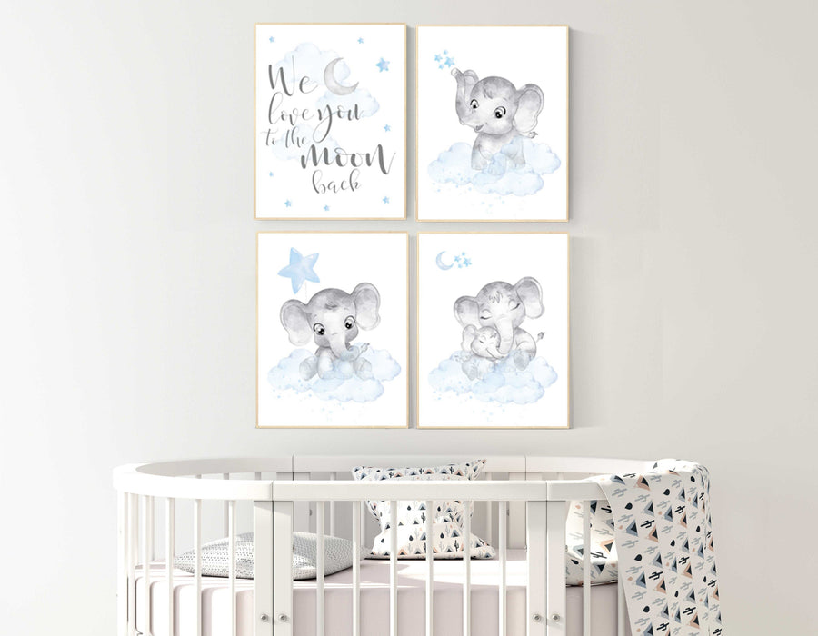 Nursery decor boy, nursery decor elephant, nursery wall art, nursery art, blue nursery decor, moon and stars, elephant nursery prints