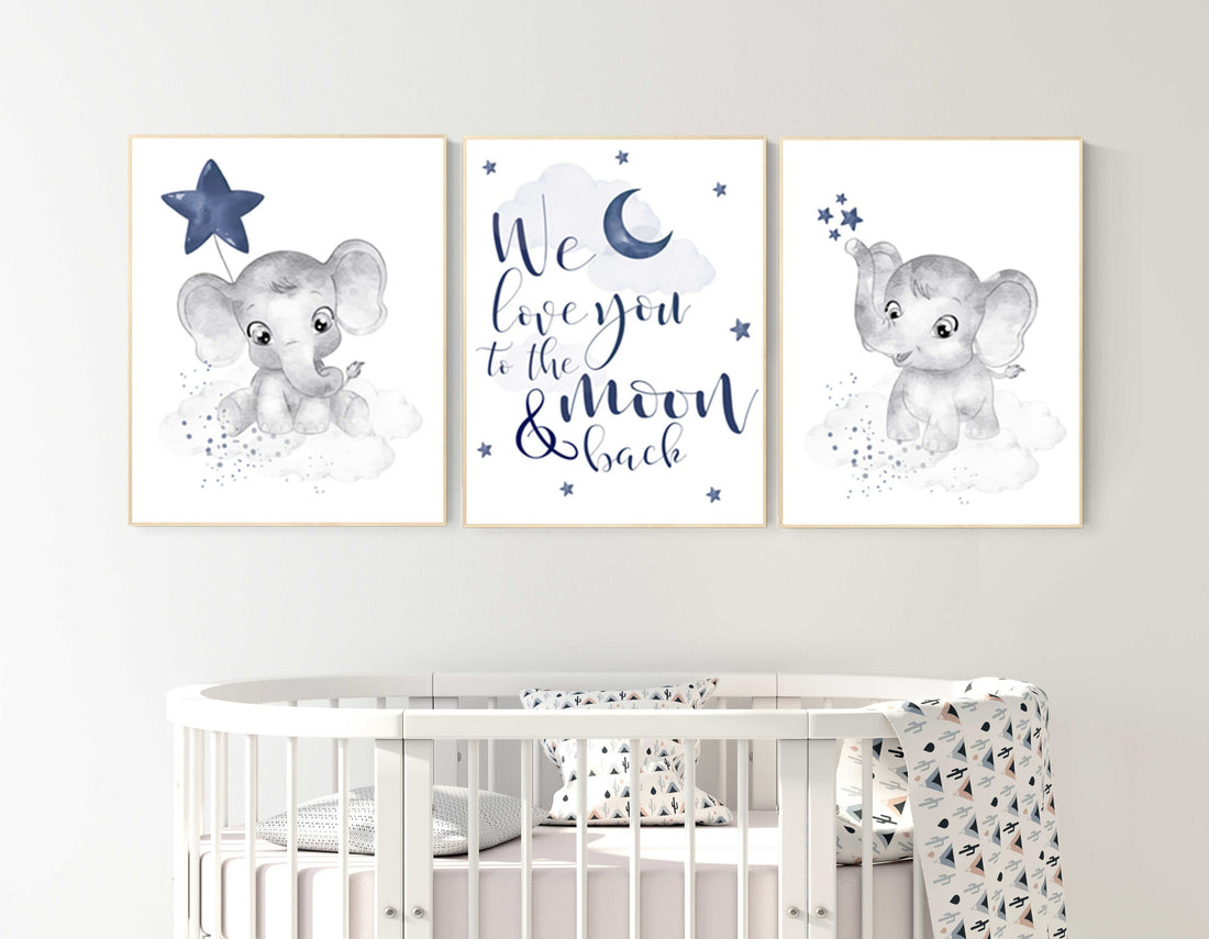 Nursery decor elephant, navy nursery decor, cloud and stars, moon and stars, navy blue nursery art. baby room wall art, elephant nursery