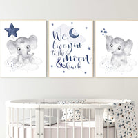 Nursery decor elephant, navy nursery decor, cloud and stars, moon and stars, navy blue nursery art. baby room wall art, elephant nursery