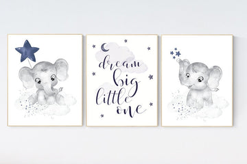 Nursery decor boy navy blue, navy nursery decor, dream big little one, moon and stars, navy blue nursery art. baby room art, elephant